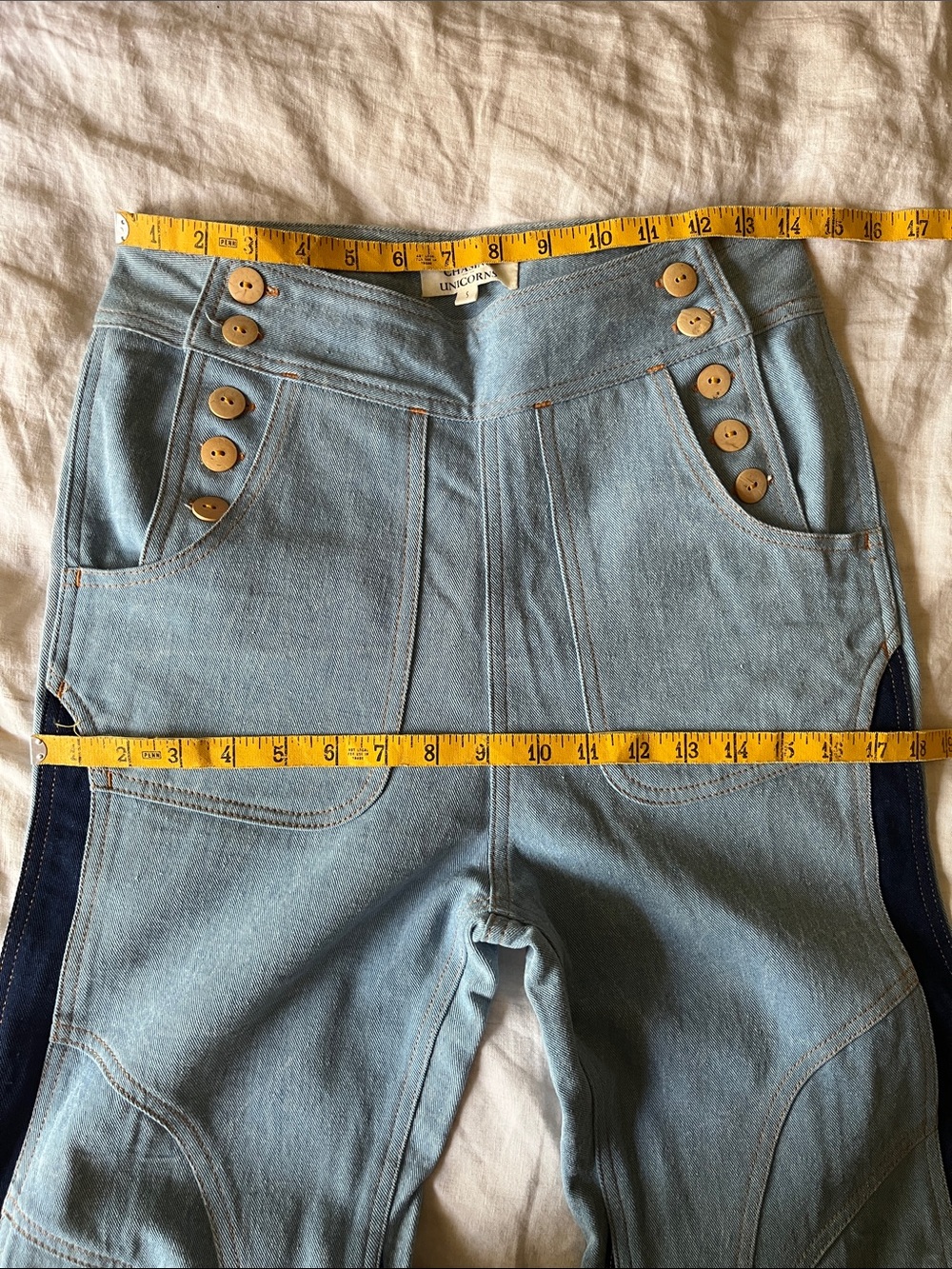 Chasing Unicorns 🪬 Patchwork Red Hot Denim Flares sz Small - Picture 11 of 13